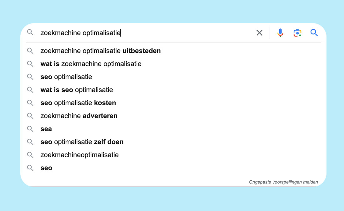 'Google - Automatisch aanvullen' is ook een goede bron om longtail zoekwoorden te vinden voor je onderzoek.