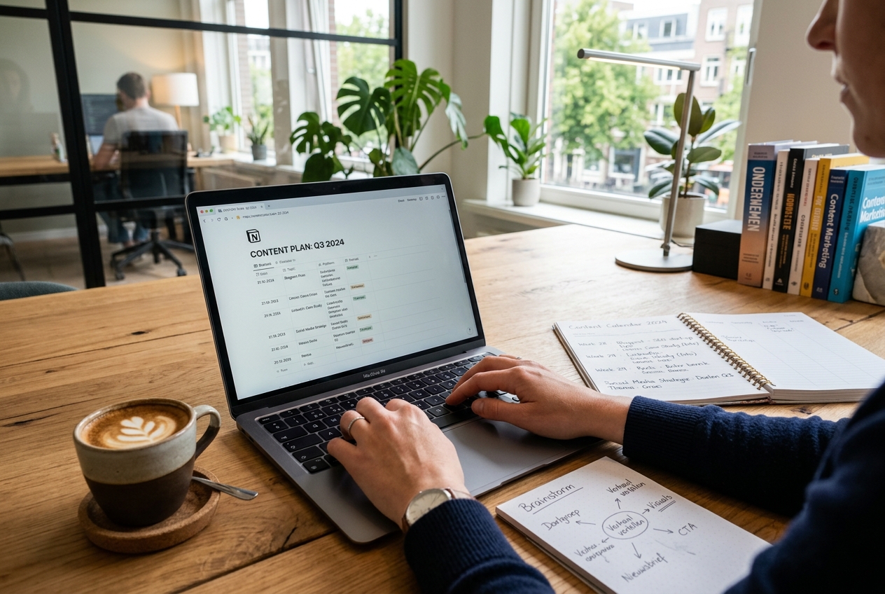 MKB-ondernemer plant contentmarketing strategie achter laptop in een warme, lichte werkruimte