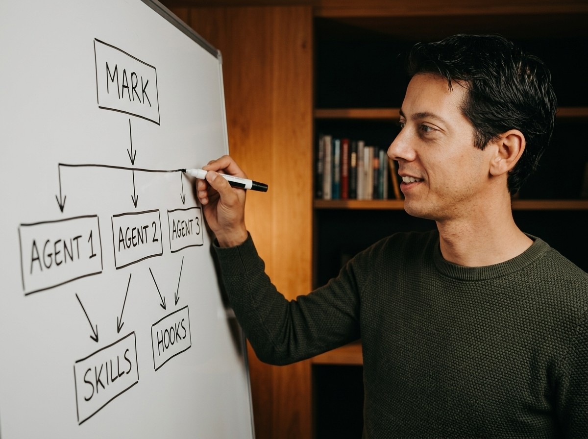 AI marketing-stack – Rik tekent flowchart Rik Goedhart tekent zijn AI-stack op een whiteboard: orchestrator Mark verdeelt het werk over drie agents naar skills en hooks