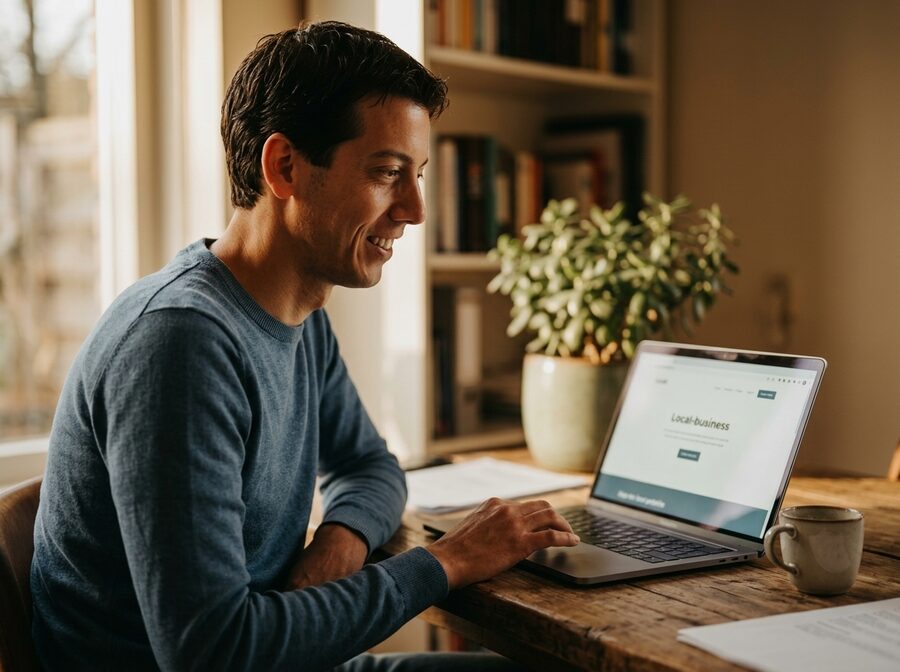 Rik Goedhart bekijkt een website voor een lokale dienstverlener Kapper website laten maken: Rik Goedhart bekijkt een website voor een lokale dienstverlener op zijn laptop